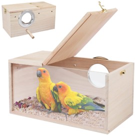 Rypet Parakeet Nesting Box Transparent Design, Thwartwise Bird Nest Breeding Box with Perch Wood Bird Cage House for Cockatiel Lovebirds Budgie Finch Parrotlets Canary M