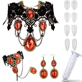 Joottuan Vampire Necklace Black Lace Choker Necklace Gothic Vampire Jewelry Set with with Red Rhinestone Bracelet Earrings Vampire Teeth Fangs for Women