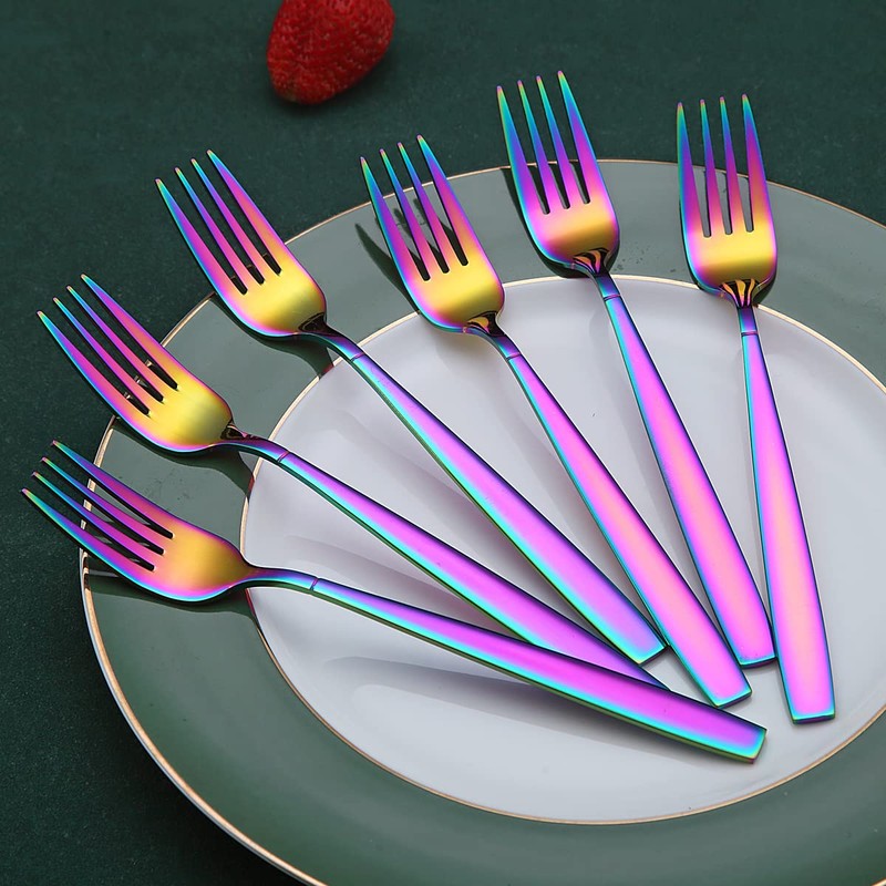Rainbow Dinner Forks 6 Pieces, Kyraton Titanium Rainbow Plated Stainless