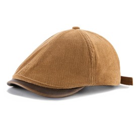 Weuiean DRQJ-55 Corduroy Newsboy Women's PU Brim Hunting Beret Cap, Autumn/Winter Hat, Unisex, Khaki