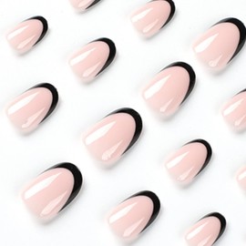 IMSOHOT Glossy French Tip Press on Nails Short Black Fake Nails with Nail Glue Oval Round False Nails 24Pcs Full Cover Acrylic Nails for Women