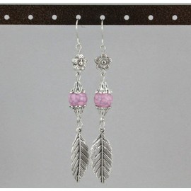 Silver feather earrings dangle metal leaf feather lightweight 3 5/16 long Pink