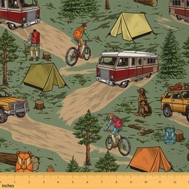 Camper Car Fabric by The Yard, Vintage Camping Theme Upholstery Fabric, Camper Accessories Decorative Fabric for Travel Trailers, Pine Tree Woodland Indoor Outdoor Fabric for Quilting, Green, 1 Yard