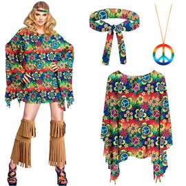Bseical Hippie Kostüm Damen Set, Karneval Kostüm Damen Hippie, Disco Outfit 60er 70er 80er 90er Jahre Hippie Accessoires, Hippie Kleidung Poncho, Stirnband, Halskette Friedenszeichen Party Fasching Zubehörset