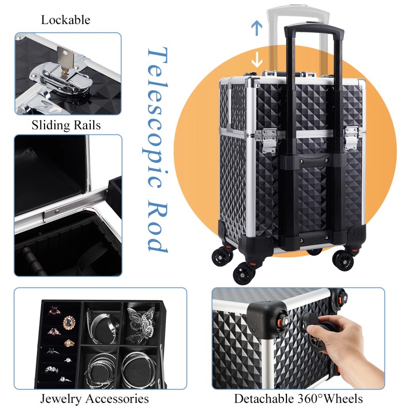 Rolling Makeup Case on Wheels 4 Tray Cosmetic Trolley with