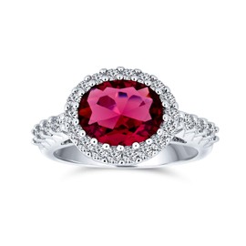 Bling Jewelry Oval Solitaire Cubic Zirconia CZ Pave Simulated Red Garnet Statement Fashion Ring For Women Silver Plated Brass Customizable