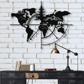 Metal World Map Wall Art World Map Mountains 3D Wall Silhouette Metal Wall Decor Home Office Bedroom Living Room Decoration (Black, 47" W x 36" H / 117x91cm)