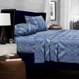 Tribeca Living Queen Bed Sheet Set, 300 Thread Count Soft Cotton Sateen, Floral Print with Extra Deep Pockets, 4-Piece Bedding Set, Atlantis Multicolor