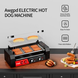 Hot Dog Roller 5 Rollers 12 Hot Dogs Capacity, 750W Stainless Sausage Grill Cooker Machine with Dual Temp Control Glass Hood Acrylic Cover Bun Warmer Shelf Removable Oil Drip Tray (5 Rollers)