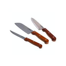 IMUSA 3pc Knife Set with Wood Handle, 8” Chef Knife, 7” Santoku Knife & 5” Utility Knife, Sharp Kitchen Knives for Cooking, Stainless Steel Blade