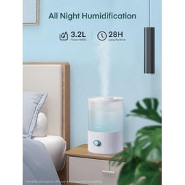 FOHERE Humidifiers for Bedroom, 3.2L Top Fill Cool Mist Ultrasonic Humidifier for Baby Rooms and Plants, 2-IN-1 Essential Oil Diffuser with 7-color Light and Auto Shut-off, BPA-Free, Quiet, White