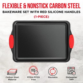 Nonstick Cookie Sheet Pan Carbon Steel Oven Tray Sheet Pan with Red Silicone Handles -Small Bakeware Pan Tray with Gray Coating Inside & Outside