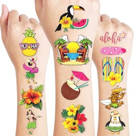 MeoIsDaBest 60 Tatuajes Temporales Hawaianos Precortados Para Fiestas De Cumpleaños, Decoración, Regalos, Estilo Tiki Hawaiano, Luau, Hibisco, Flores,