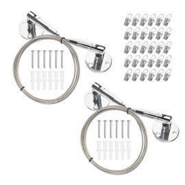 Kids Art Hanging Wire Organizer with Clips, Project Wall Display Cable, 6.5 ft Long Stainless Steel, 30 Clips, Length Adjustable, Rustless, 88 lb Load for Photos Painting Document Room Divider(2 Pack)