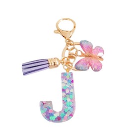 Afoxon Cute Initial Letter Keychains for Women Girls Tassel Butterfly Pink Purple Green Keychain for Backpack School Bag (J-purple)