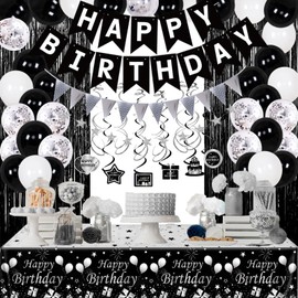 Birthday Decorations Black and White for Men Women, 74Pcs Happy Birthday Balloons Set for Boys Girls with Bday Tablecloth Fringe Curtains Swirls for 16th 18th 21st 30th 35th 40th 45th 50th 60th 70th