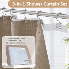 VANZAVANZU All-in-One Shower Curtain Set for Bathroom Enhanced 3D Waffle Fabric Shower Curtain with PEVA Waterproof Liner & 12 Upgraded Anti-Fall Hooks Heavy Duty Bath Tub Curtain 72"x72" (Khaki)