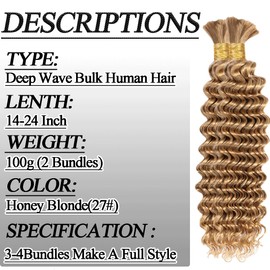 Human Braiding Hair 100g/2 Bundles 14 Inch Deep Wave Bulk Human Hair Fro Braiding 12A No Weft Human Braiding Hair Extensions For Boho Braids Honey Blonde Wet And Wavy Bulk Hair(100g,14inch,27#）
