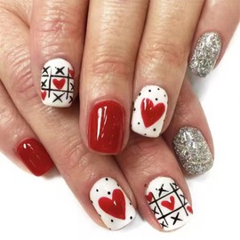 Valentines Day Press on Nails Short Square Fake Nails with Red Heart Silver Glitter Designs Red Full Cover False Nails Press ons Glossy Valentines Glue on Nails for Women 24 Pcs