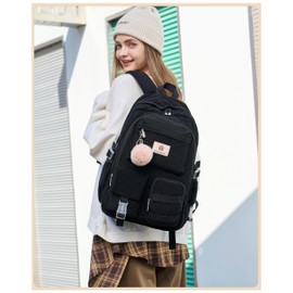 School Backpack with Lunchbox for Teens Girls Women 15.6 Inch Laptop College Backpacks with Lunch Bag Bookbag Set Corduroy Kids Elementary Middle High Bags Students Back Pack Daypack - Black Set