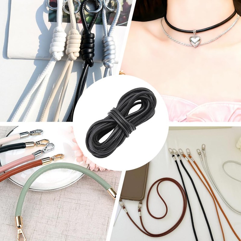 CALFOVERA 4.6m x 3mm Round PU Leather Cord Black Thin