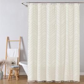 OWENIE Extra Long Beige Boho Shower Curtain, Chic Tufted Chevron Striped Textured Fabric Cloth Shower Curtains with Tassel for Bathroom, Soft Hotel Style Farmhouse, Machine Washable, 72x84