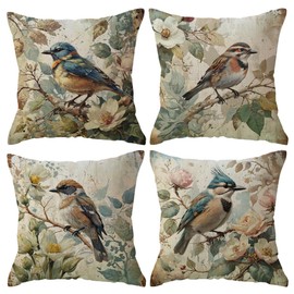 ULOVE LOVE YOURSELF Birds&Flowers Throw Pillowcases 4pack Oil Painting Decorative Cushion Cover Farmhouse Spring Summer Decor Pillow Covers 18 x 18 Inches for Sofa Couch Porch (Brown)