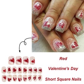 Valentines Press On Nails Short Square Fake Nails With Red Heart Designs Valentines Nails Press Ons Glossy False Nails With Designs Acrylic Glue On Nails Heart Stick On Nails For Women