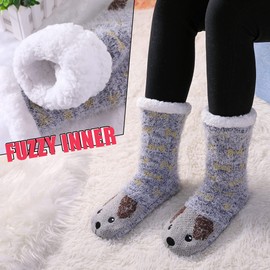 MQELONG Womens Super Soft Cute Cartoon Animal fuzzy Cozy Non-Slip Winter Slipper Socks (Gray Dog) One Size