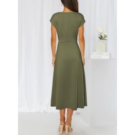 Happy Sailed Midi Dresses for Women Short Sleeve Cowl Neck Pleated Ruched Waist Wedding Guest Cocktail Party Moss Green Dress Fashion 2025 Small
