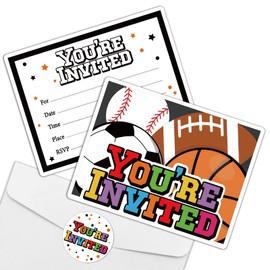 REWIDPARTY Sports Party Invitations with Envelopes & Stickers（Set of 15） Shaped Fill-in Invitations Birthday Party Supplies for Football Soccer Baseball Basketball Party Celebration Cards for Kids