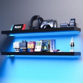 BAMEOS Floating Shelves with RGB LED, 31" Wall Mounted Wooden Shelves with Invisible Brackets, Set of 2, Hanging Wall Shelves for Bedroom, Bathroom, Living Room and Kitchen (Black)