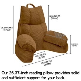 RRPAHWTV Bed Pillow for Sitting Up，Reading Pillow with Arms, Back Pillow for Bed Sitting up with Shredded Memory Foam for TV, Reading, Gaming, or Relaxing in Bed or on The Floor（Brown，Large）