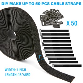 1" x 18Yard Reusable Cable Straps with 20 Plastic Buckles - Adjustable Cut-to-Length Nylon hook and loop roll for Organizing and Storage