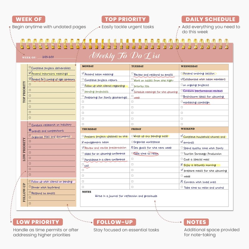 Weekly To Do List Notepad with 52 Undated Sheets（8.5"×11"）- Undated