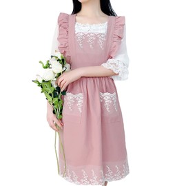 TOWYYO Women's Apron, Cute, One-piece Type, 100% Cotton, Fashionable, Ruffle, Lace, Pockets, Shoulder Bag, Kitchen, Cafe Style, Cooking Class, Solid, Long Length, Scandinavian Style, Pink