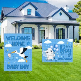 2PCS Welcome Home Baby Boy Yard Sign Decorations, It's a Boy Welcome Home Yard Signs with Stakes Blue Elephant Baby Shower Lawn Sign for Gender Reveal Party Supplies