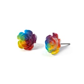 12mm Rainbow Rose Stud Earrings with Titanium or Stainless Steel Posts for Sensitive Ears Nickel Free, Hypoallergenic, Flower Child Jewelry