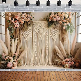 Bohemian Pampas Grass Art Photography Backdrops Retro Boho Flowers Window Photography Background Bohemian Room Backdrops Adult Birthday Wedding Maternity Portrait Decor Backdrop (7x5feet)
