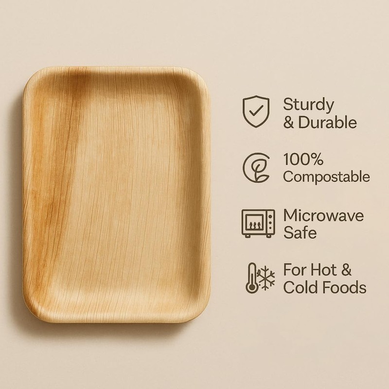 6x9 Inch Rectangular Areca Palm Leaf Plates – Compostable Disposable