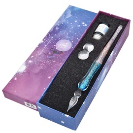 SIPLIV Handmade Glass Dip Pen Ink Set, Crystal Sparkling Signature Drawing Calligraphy Writing Pen with Bottle Ink and Pen Holder - Gradient Light Blue