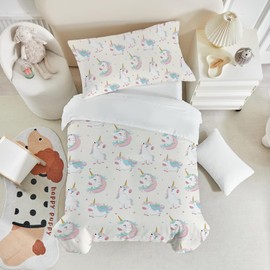 DJDEA Cot Bed Duvet Cover Set 120x150cm, Cute Unicorn Toddler Bedding Set Rich Unicorn Patterns Design Pale Apricot Soft Microfiber Quilt Cover Matching Pillowcase 40x60cm