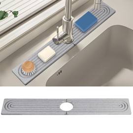 Faucet Mat for Kitchen Sink, Long Size Diatomite Fast Drying Stone Sink Tray, Super Absorbent, Prevents Moisture Buildup, Faucet Splash Guard for Bathroom Counter (Grey, 15.5*3.9Inch)