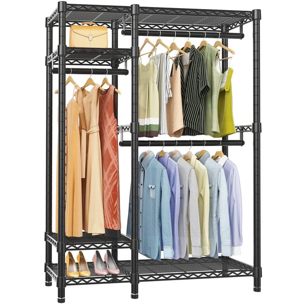 VIPEK V2S Garment Rack Heavy Duty Commercial Grade Clothes Rack, 4 Tiers Adjustable Wire Shelving Clothing Racks with 3 Hanging Rods, Freestanding Closet Metal Wardrobe Closet, Max Load 650LBS, Black
