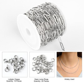 Kyutong - Cadena de acero inoxidable de 5 metros para hacer joyas, cadena de plata para collar de cadenas, carrete de clip de papel, cadenas a granel para manualidades, pulseras de tobillo y