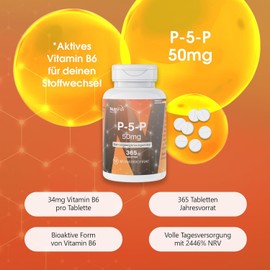 P-5-P 50mg - 365 Tablets Each with 34mg Active Vitamin B6 - Pyridoxal 5-Phosphate - High Dose - 100% Vegan - German Production & Laboratory Test - NutriFair | Premium & Fair