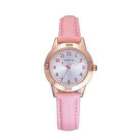 Girls Quartz Watch Cute Casual Watch Round Face Diameter 28mm PU Leather Strap Japan Movement Arabic Numeral Index Daily Waterproof, pink/gold, Classic