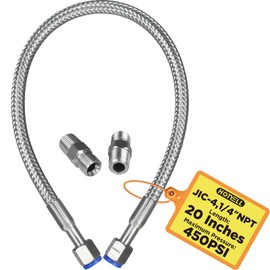 HOTYELL 1/4 Inch NPT Male Compressor Jumper Hose 20" with JIC-4 Female, 750°F/450 PSI, Industrial Grade Full Body 304 Stainless Steel Double Layers Air Hose with 360° Swivel Fittings