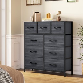 DWVO Dresser with 9 Drawers - Fabric Storage Tower, Organizer Unit for Living Room, Hallway, Closets - Sturdy Steel Frame, Wooden Top & Easy Pull Fabric Bins (Black Wood Grain)