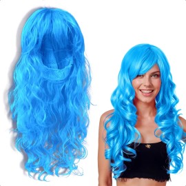 Peluca de Fantasía Rizos de Tamaño Largo para Eventos Bodas y Fiestas Pelo/Cabello Artificial Chino Estilo Hondulado de Color Azul Eléctrico Tipo Fant